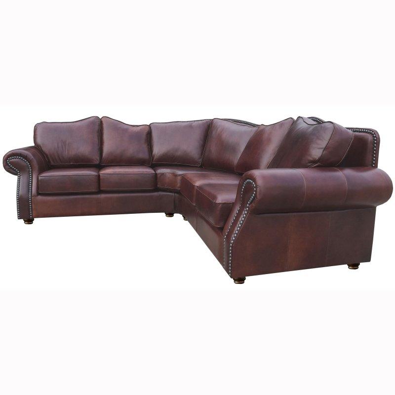 Viski Kahverengi Hakiki Deri Zımba Detaylı Masif Ahşap Köşe Koltuk - 272x100 cm - 257415