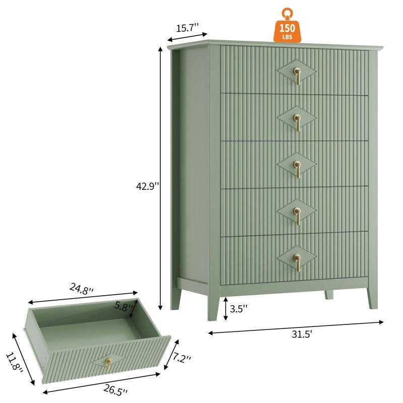 Yeşil Ahşap Yivli 5 Çekmeceli Gold Kulplu Şifonyer - 109 cm - 298831