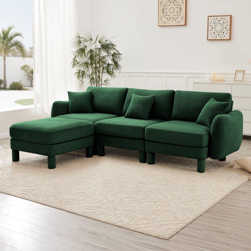 Yeşil Bukle Kumaş Modüler Puflu Sağ Köşe Koltuk - 278 cm - 258327