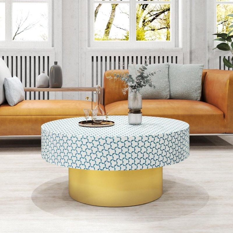 Yeşil Gold Pirinç ve Ahşap 2 Çekmeceli Yuvarlak Orta Sehpa - 83 cm - 239920