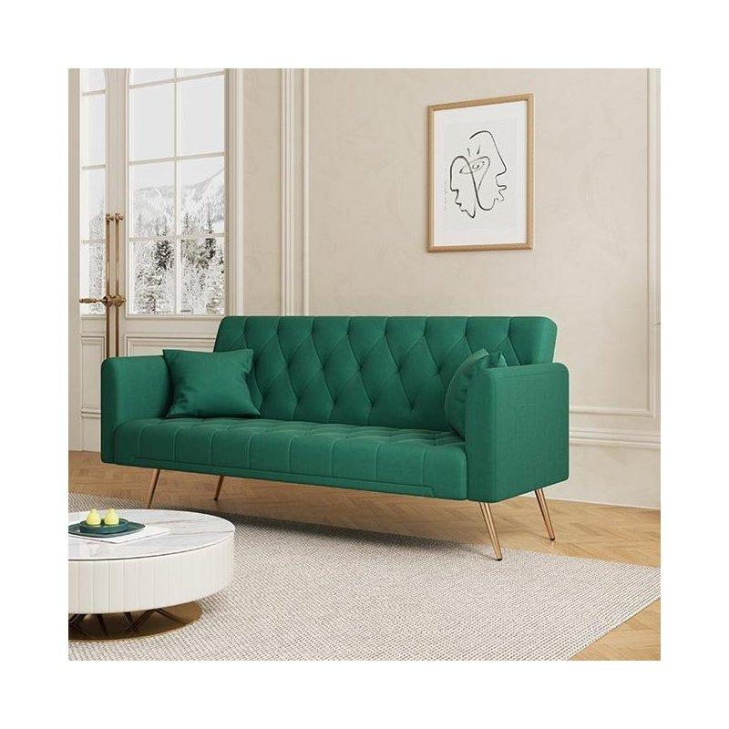 Yeşil Gri Kadife Yataklı Kapitoneli Metal Ayaklı Bohem Koltuk - 181 cm - 294036