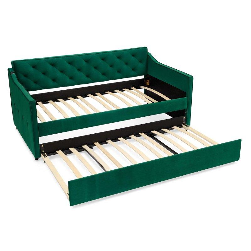 Yeşil Kadife Ahşap Yavru Yataklı USB Şarjlı Düğme Kapitoneli Daybed Karyola - 206x115x77 cm - 329651