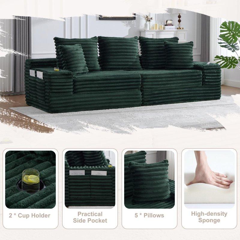 Yeşil Kadife Bardaklıklı Cepli Yatak Olabilen Bohem Koltuk - 273x98x87 cm - 291554