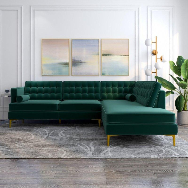 Yeşil Kadife Gold Metal Ayaklı Yataklı Köşe Koltuk - 257x214 cm - 255531