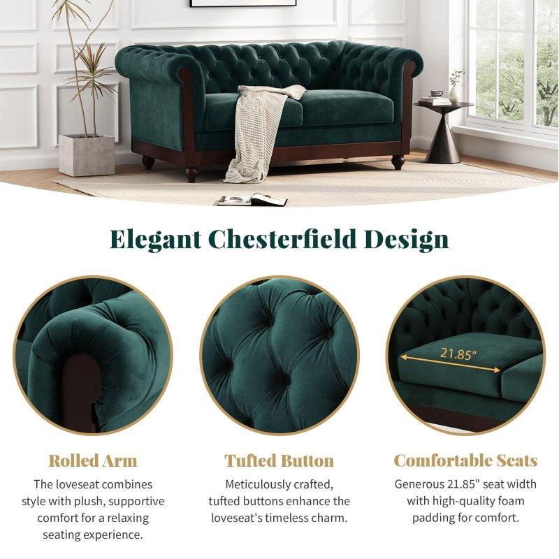Yeşil Kadife Kapitoneli Kıvrık Kollu Chesterfield Bohem Koltuk - 151 cm - 286395