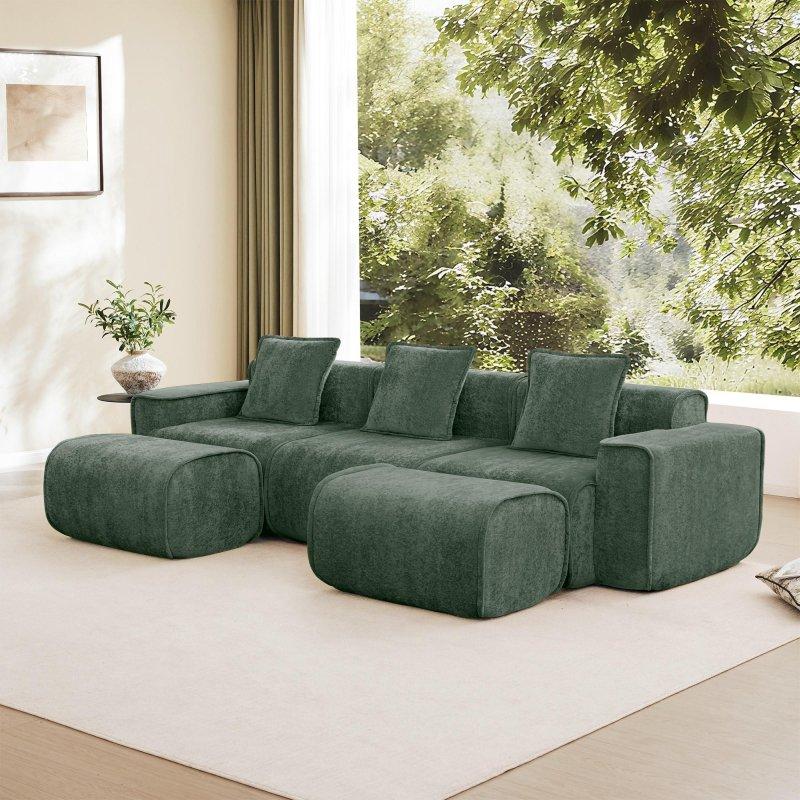 Yeşil Kadife Modüler U Şekilli 3 Kişilik Fransız Biyeli Bohem Koltuk - 276x152 cm - 292063