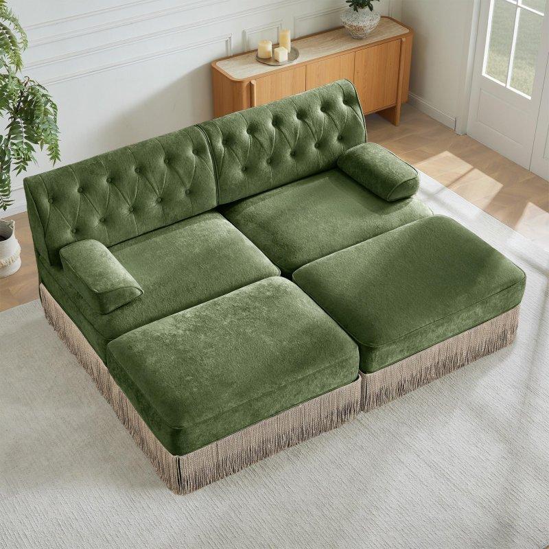 Yeşil Kadife Püsküllü Chesterfield Modüler Puflu Bohem Koltuk - 195x154 cm - 292496