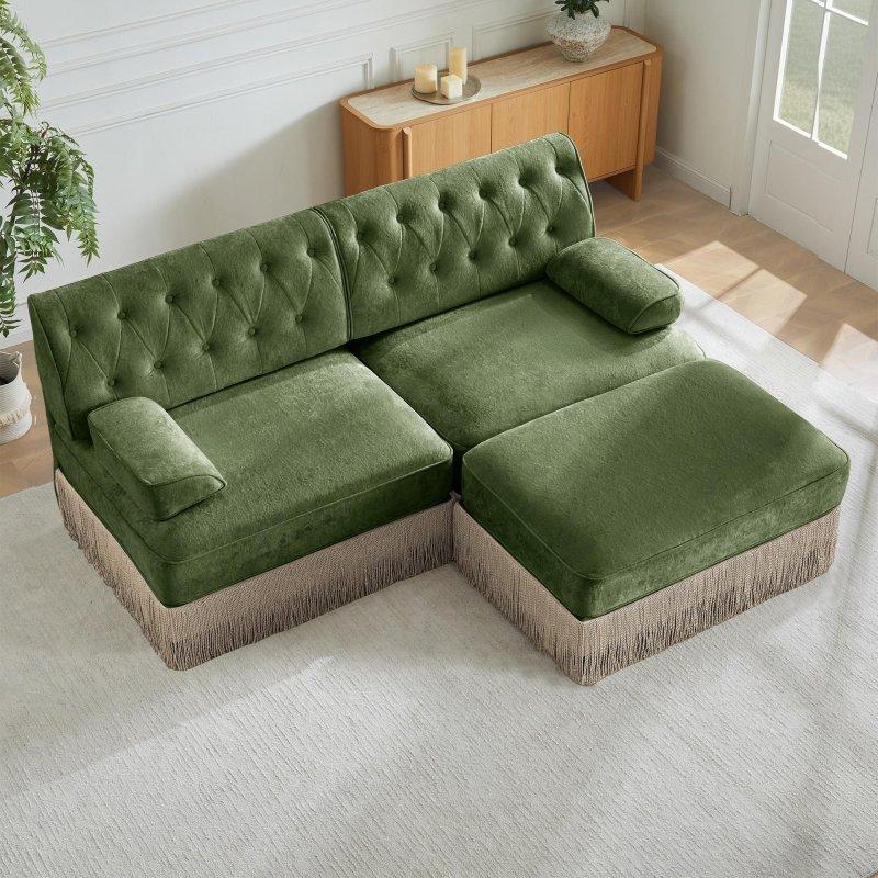 Yeşil Kadife Püsküllü Etekli Modüler Chesterfield Bohem Koltuk - 195x154x87 cm - 290881