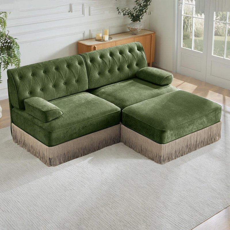 Yeşil Kadife Püsküllü Etekli Modüler Chesterfield Bohem Koltuk - 195x154x87 cm - 290881
