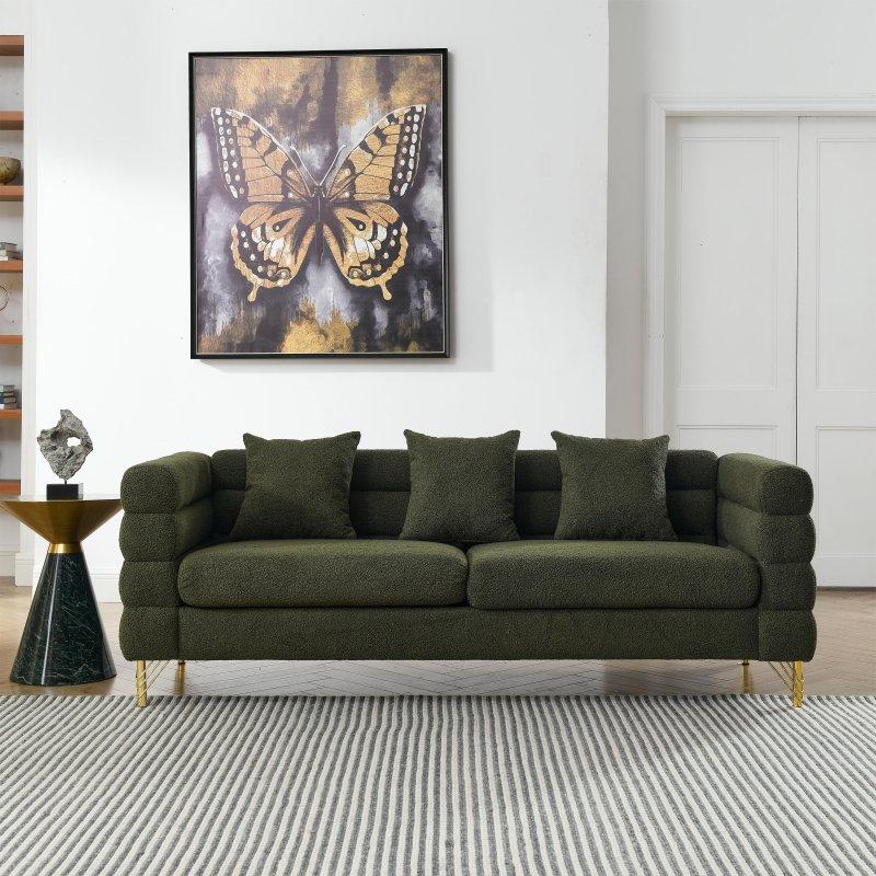 Yeşil Masif Ahşap Gold Metal Ayaklı 3 Kişilik Bohem Koltuk - 206 cm - 289143