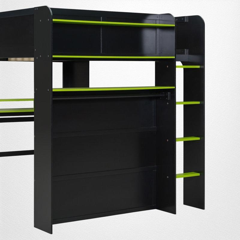 Yeşil Masif Ahşap ve MDF Yüksekliği Ayarlanabilir Masalı Dolaplı RGB Işıklı Oyuncu Ranza - 166x146x217 cm - 246989