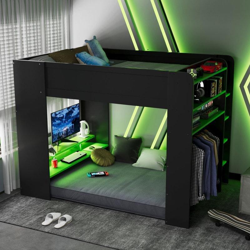 Yeşil Masif Ahşap ve MDF Yüksekliği Ayarlanabilir Masalı Dolaplı RGB Işıklı Oyuncu Ranza - 166x146x217 cm - 246989