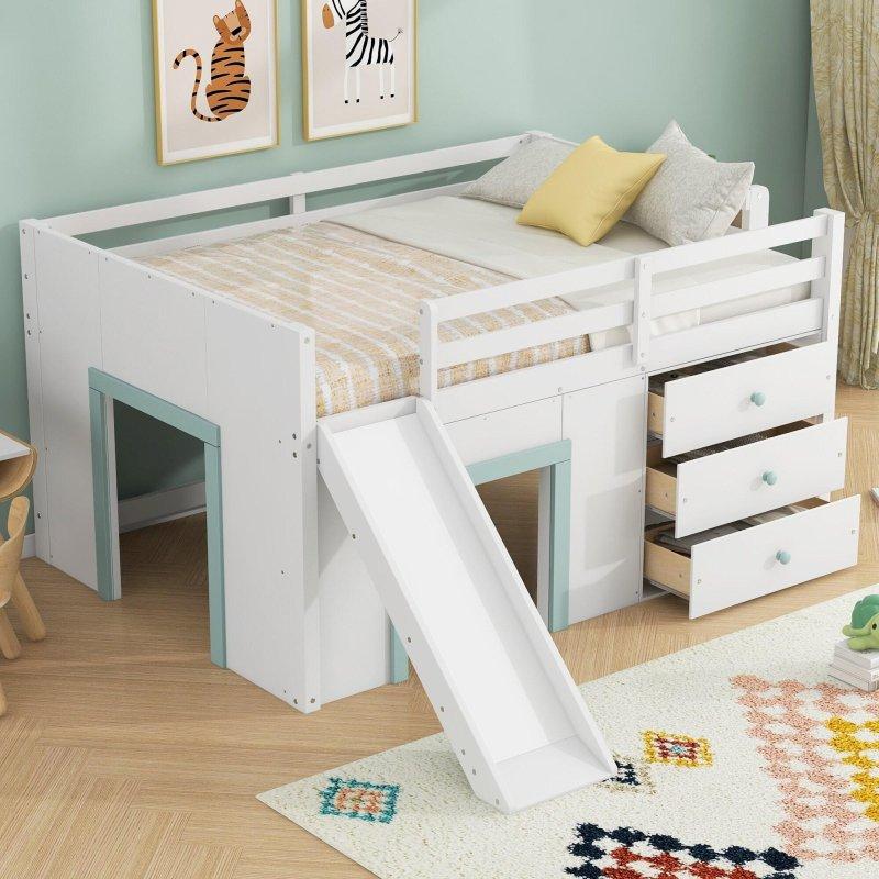 Yeşil Masif Çam ve MDF Kaydıraklı ve Çekmeceli Çocuk Ranza - 249517