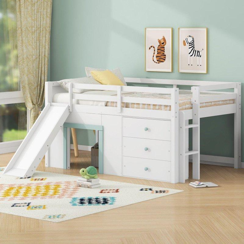 Yeşil Masif Çam ve MDF Kaydıraklı ve Çekmeceli Çocuk Ranza - 249517
