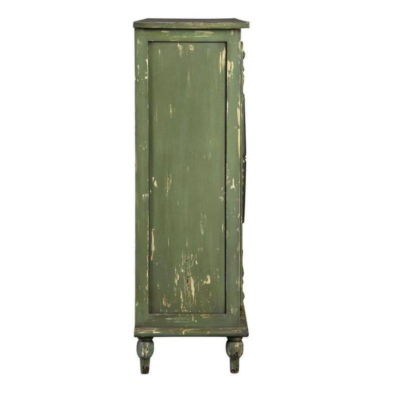 Yeşil Masif Maun Ahşap Eskitme Oymalı Kitaplık - 107x138x42 cm - 315497