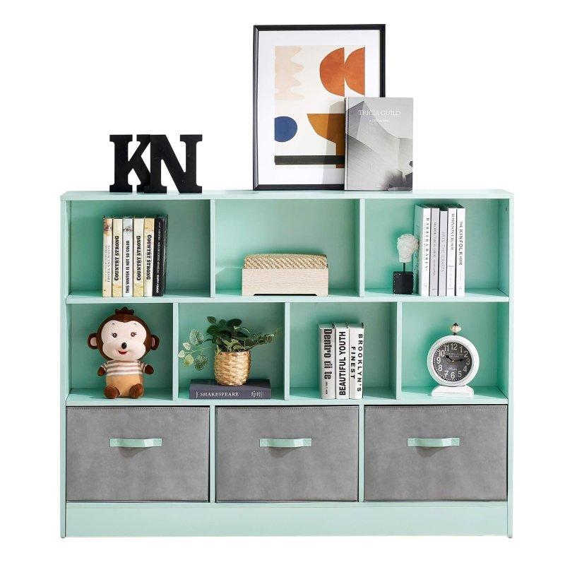 Yeşil MDF 10 Bölmeli 3 Kumaş Çekmeceli Devrilme Emniyetli Kitaplık - 317722