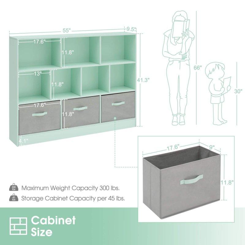 Yeşil MDF 10 Bölmeli 3 Kumaş Çekmeceli Devrilme Emniyetli Kitaplık - 317722
