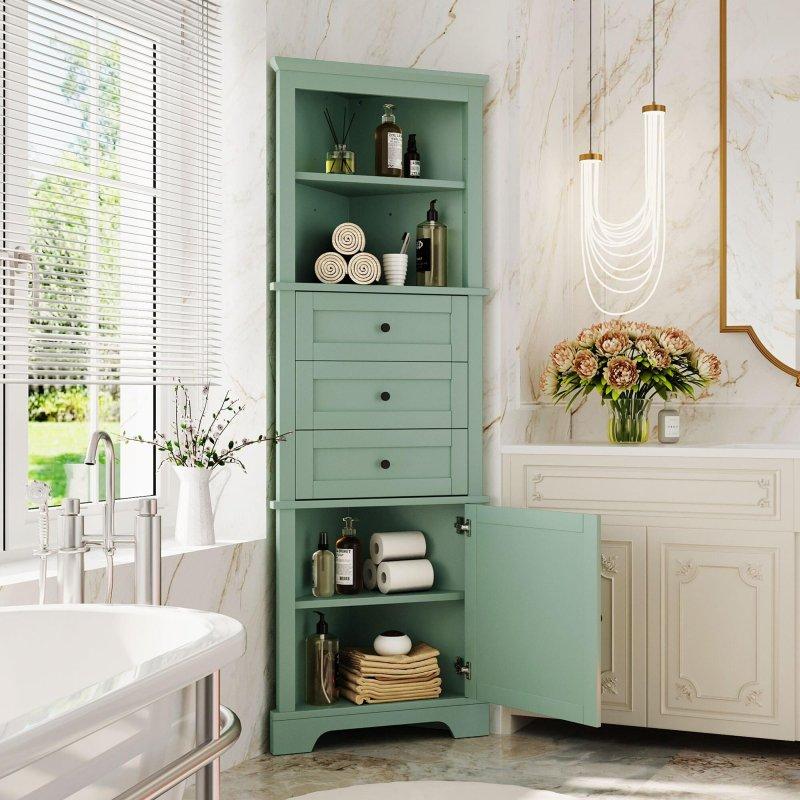 Yeşil MDF 3 Çekmeceli Ayarlanabilir Raflı Köşe Çok Amaçlı Banyo Dolabı - 35x59x176 cm - 333653