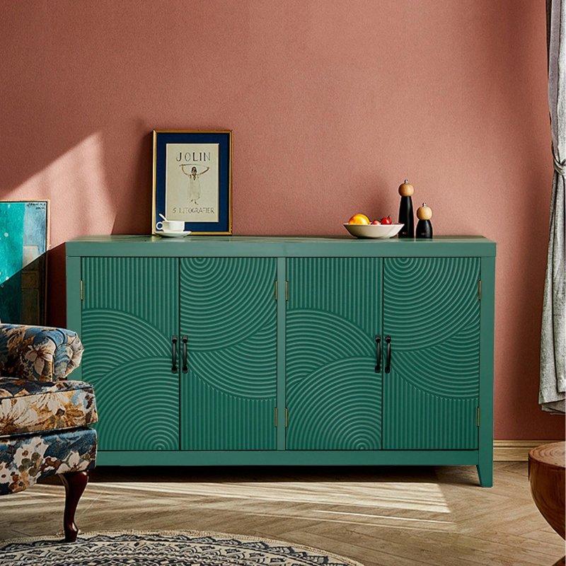Yeşil MDF 4 Kapaklı Metal Kulplu Oymalı Bohem Konsol - 151x38x85 cm - 325569