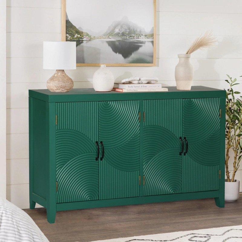 Yeşil MDF 4 Kapaklı Oymalı Bohem Konsol - 151 cm - 325496