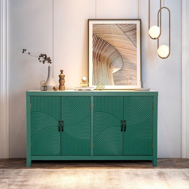 Yeşil MDF 4 Kapaklı Oymalı Bohem Konsol - 151 cm - 325496