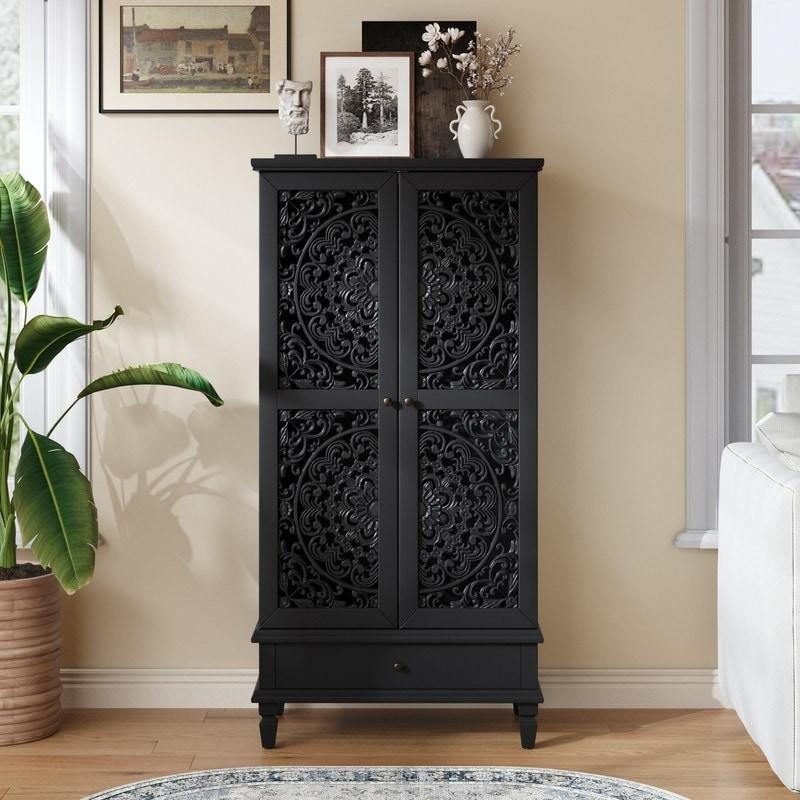 Yeşil MDF Oymalı Çekmeceli Ayarlanabilir Raflı Bohem Konsol - 140x70x41 cm - 325234