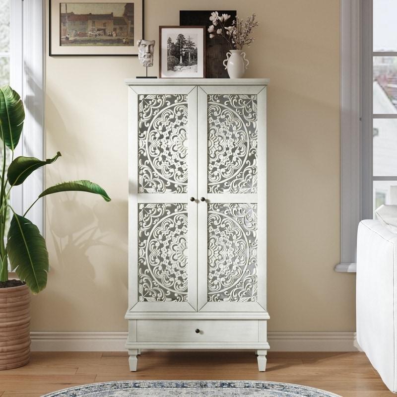 Yeşil MDF Oymalı Çekmeceli Ayarlanabilir Raflı Bohem Konsol - 140x70x41 cm - 325234