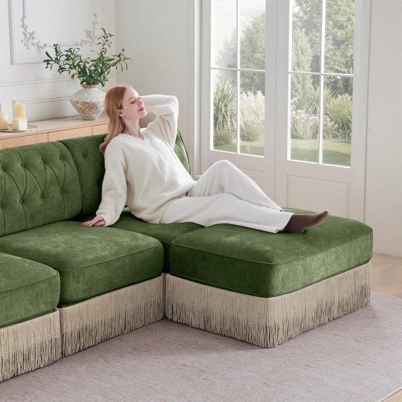 Yeşil MDF Püsküllü Kapitoneli Modüler Bohem Koltuk - 195 cm - 285591