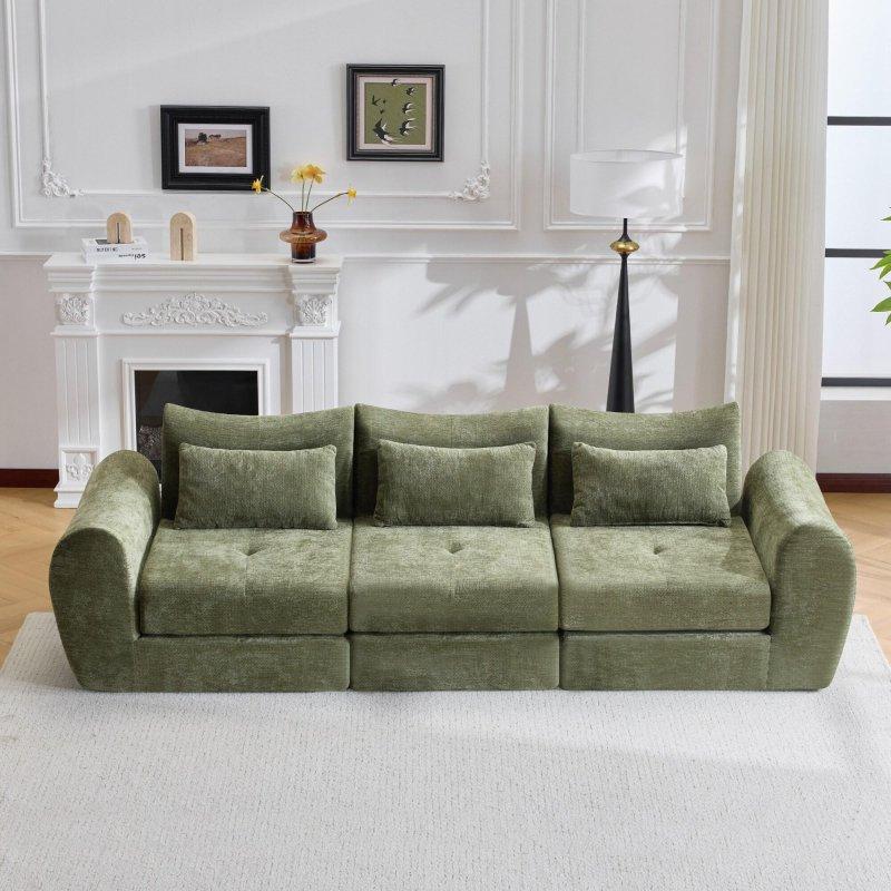 Yeşil Modüler Yatağa Dönüşebilen Flanel Kumaş Bohem Koltuk - 259x73x93 cm - 292323