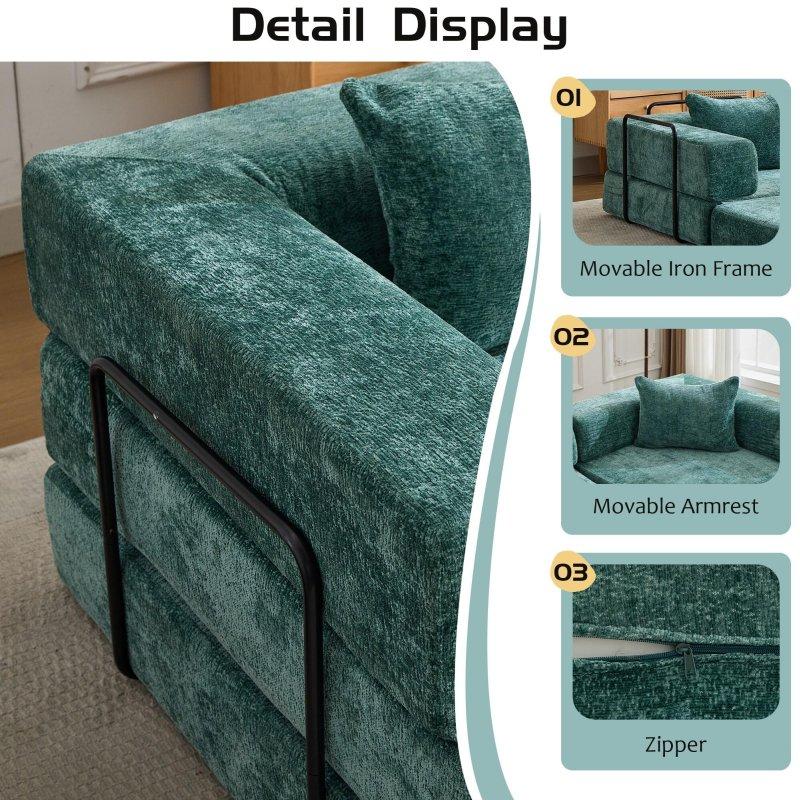 Yeşil Şönil Kumaş Katlanabilir Modüler Yataklı Bohem Koltuk - 300x100x63 cm - 292526
