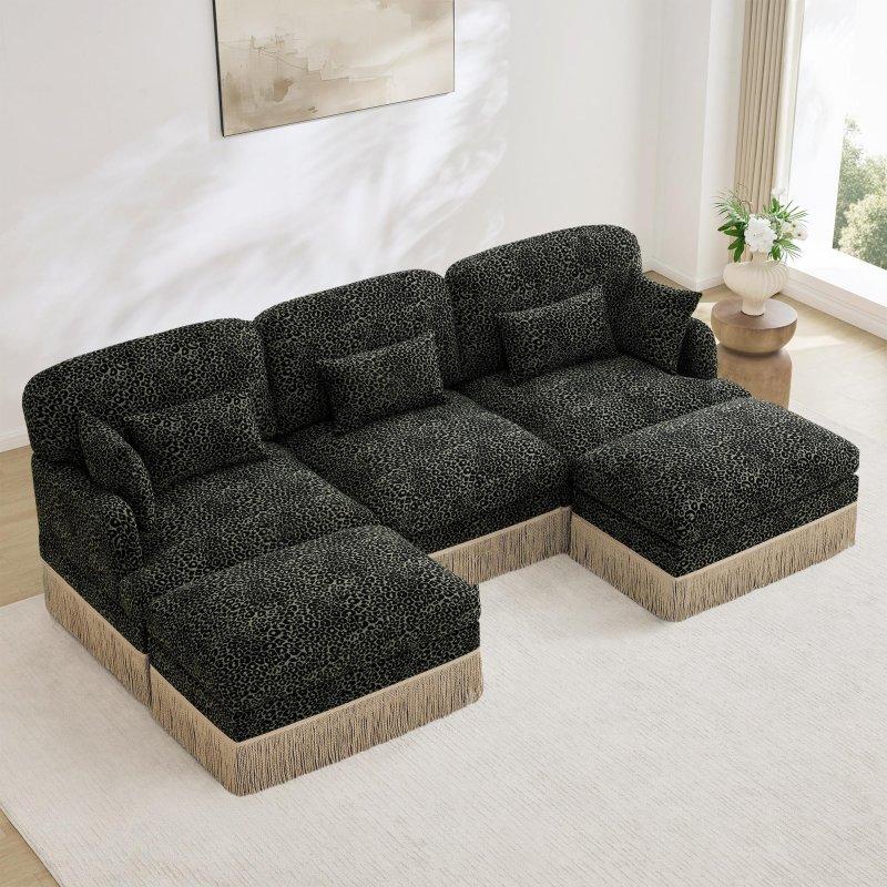 Yeşil Şönil Kumaş Leopar Desenli Püsküllü Modüler Bohem Koltuk - 255x141 cm - 290833