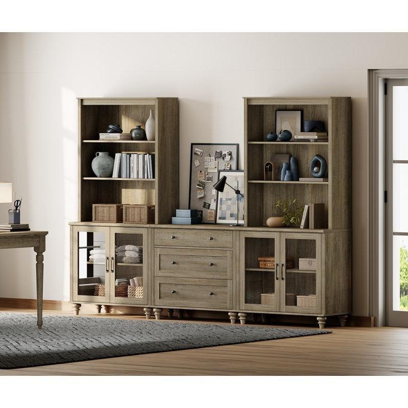 Yıkanmış Gri Masif ve MDF Ahşap Çekmeceli Raflı Cam Kapaklı Kitaplık - 258x184 cm - 238315