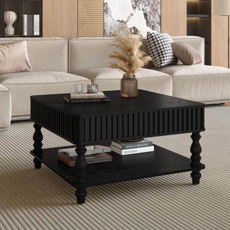 Yivli Ahşap Asansörlü ve Gizli Bölmeli Akıllı Sehpa - 81x81 cm - 254050