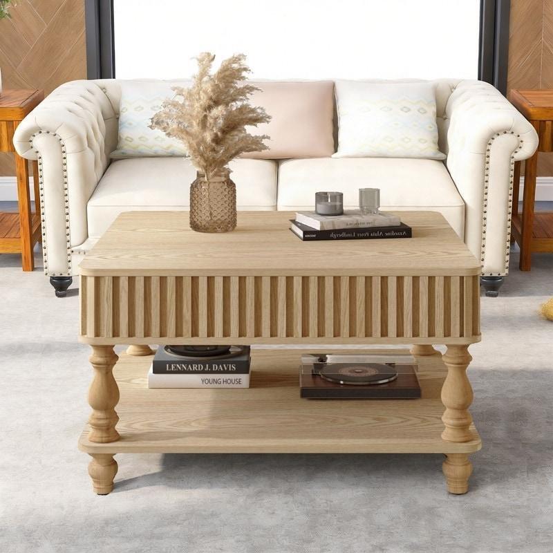 Yivli Ahşap Asansörlü ve Gizli Bölmeli Akıllı Sehpa - 81x81 cm - 254050