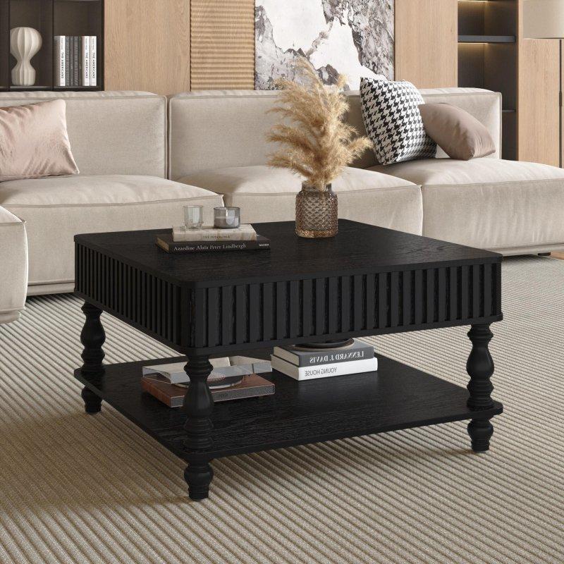 Yivli Masif Ahşap Asansörlü ve Depolamalı Akıllı Sehpa - 80x80 cm - 254497