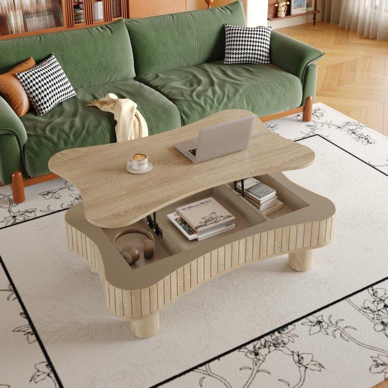 Yivli Panelli Masif Ahşap ve MDF Asansörlü Gizli Bölmeli Akıllı Orta Sehpa - 109x70 cm - 253701