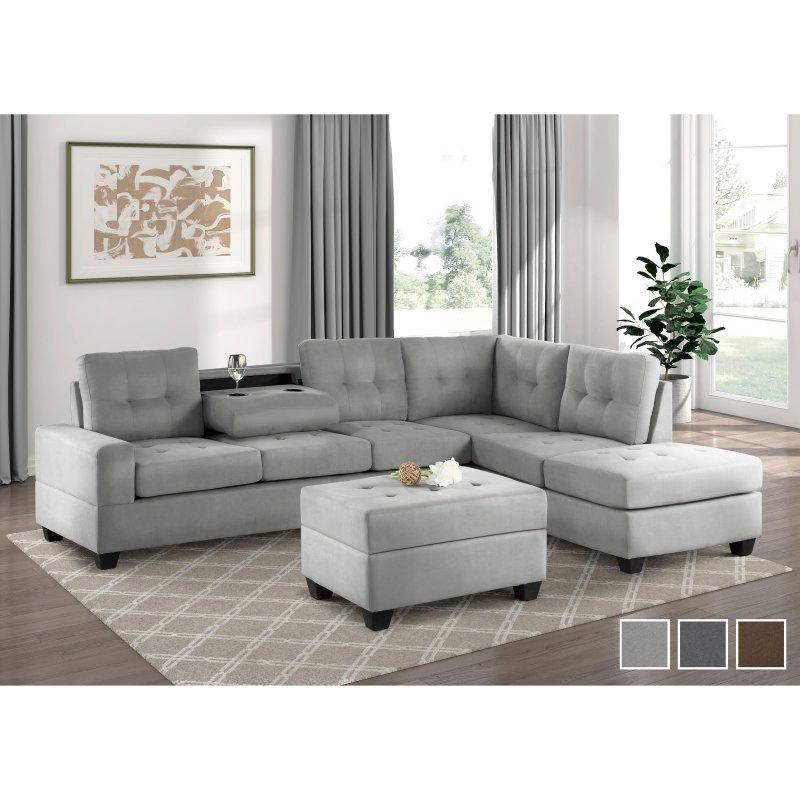 Yönü Değiştirilebilir Sandıklı Puflu ve Bardaklıklı Mikrofiber Köşe Koltuk - 284x205 cm - 255670