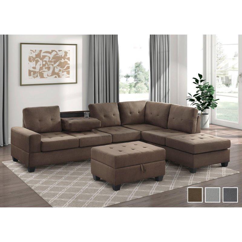 Yönü Değiştirilebilir Sandıklı Puflu ve Bardaklıklı Mikrofiber Köşe Koltuk - 284x205 cm - 255670