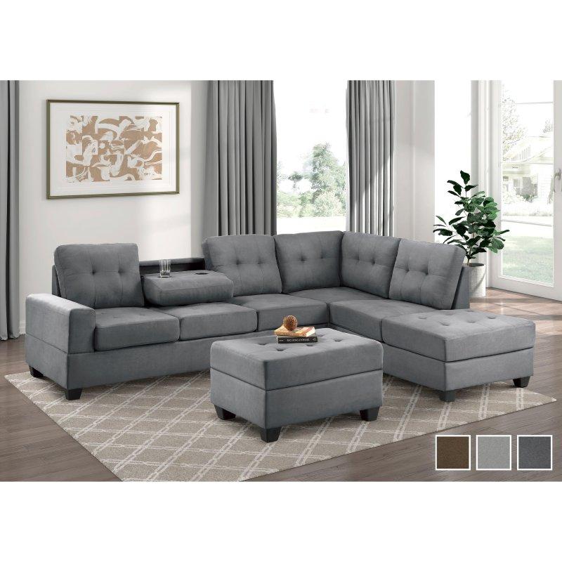 Yönü Değiştirilebilir Sandıklı Puflu ve Bardaklıklı Mikrofiber Köşe Koltuk - 284x205 cm - 255670
