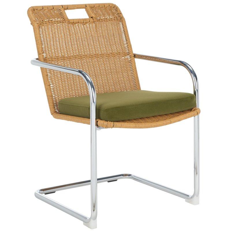Zeytin Yeşili Kadife Minderli Metal Ayaklı Dokuma Rattan Sandalye - 251566