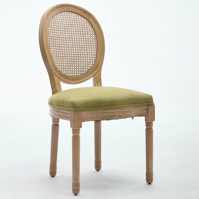 Zeytin Yeşili Masif Ahşap Keten Döşemeli Fransız Tarzı 2li Set Rattan Sandalye - 252161