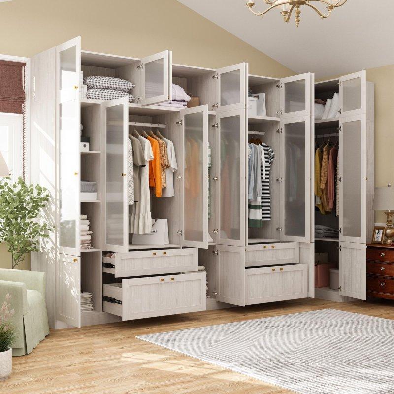 Açık Gri MDF Buzlu Camlı Çekmeceli Köşe Gardırop - 337310