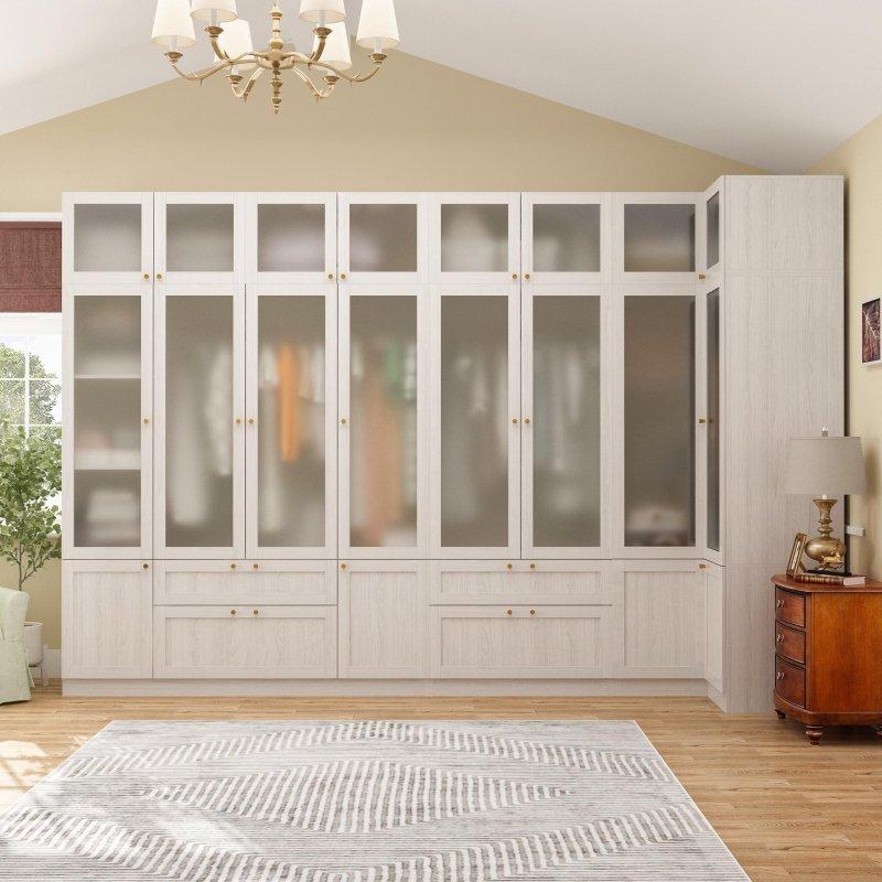 Açık Gri MDF Buzlu Camlı Çekmeceli Köşe Gardırop - 337310