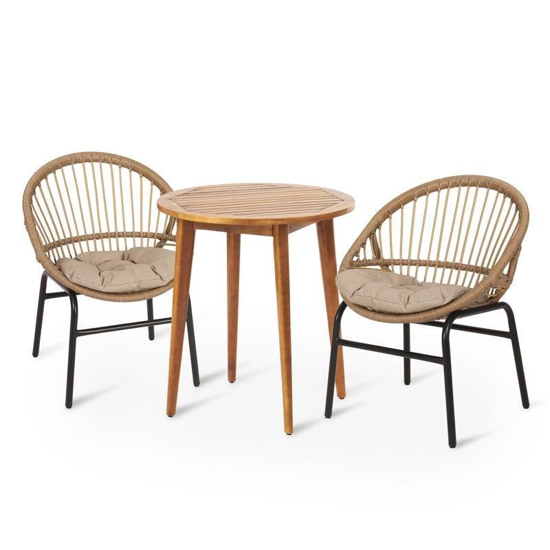 Akasya Ahşap ve Hasır Minderli 2 Kişilik Yuvarlak Bistro Masa Takımı - 70 cm - 338506