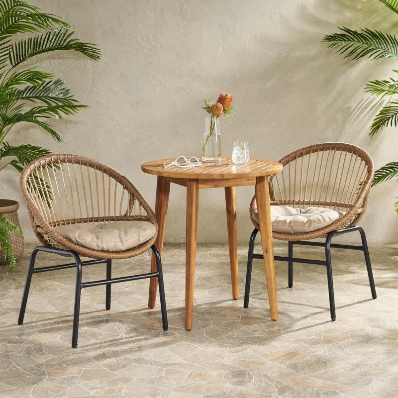 Akasya Ahşap ve Hasır Minderli 2 Kişilik Yuvarlak Bistro Masa Takımı - 70 cm - 338506