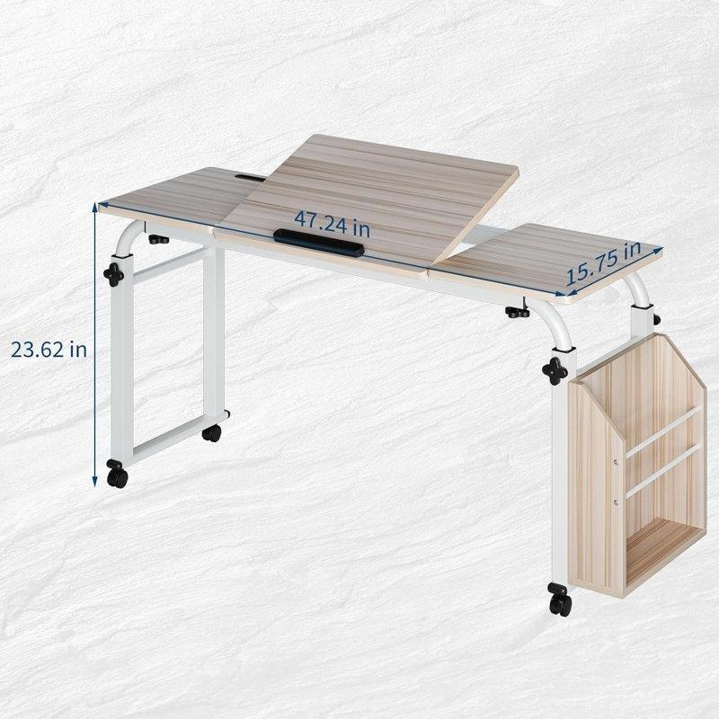 Bej Ahşap Demir Ayarlanabilir Eğimli Tekerlekli Raflı Yatak Masası - 120 cm - 336579
