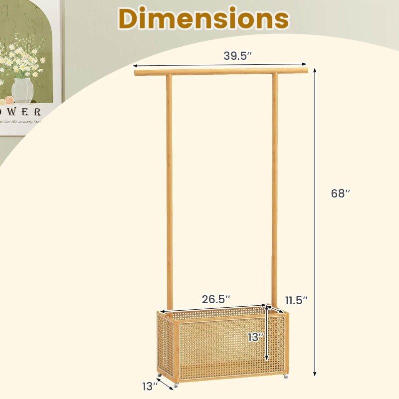 Bej Bambu ve Rattan Tekerlekli Sepetli Ayaklı Askılık - 101x34x173 cm - 337234