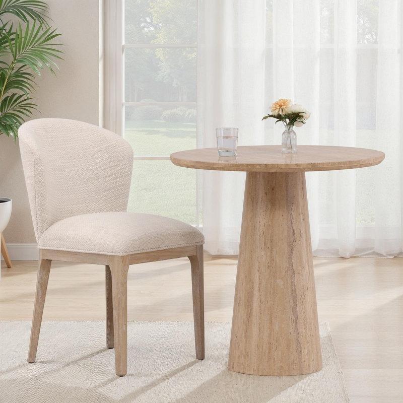 Bej Kahverengi Traverten Yuvarlak Kaide Ayaklı Bistro Masa - 77x77 cm - 338371