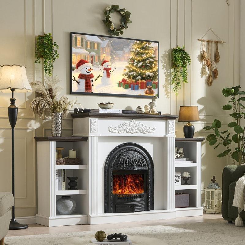 Beyaz Ahşap Taş Tasarımlı 6 Raflı TV Üniteli Elektrikli Şömine - 199 cm - 339285