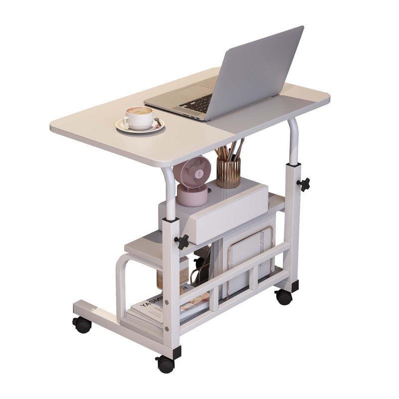 Beyaz Çelik Yüksekliği Ayarlanabilir Raflı Tekerlekli Laptop Sehpası - 60x41 cm - 335687